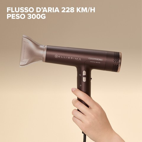 Bellissima Ceramisonic Asciugacapelli, Motore Digitale ad alta velocità, ultraleggero, con tecnologia Tecnologia Ion Ceramic Hi-Pro, ioni, 3 velocità, 3 temperature, Impostazione Gentle Dry, Modalità Silent, 1700W