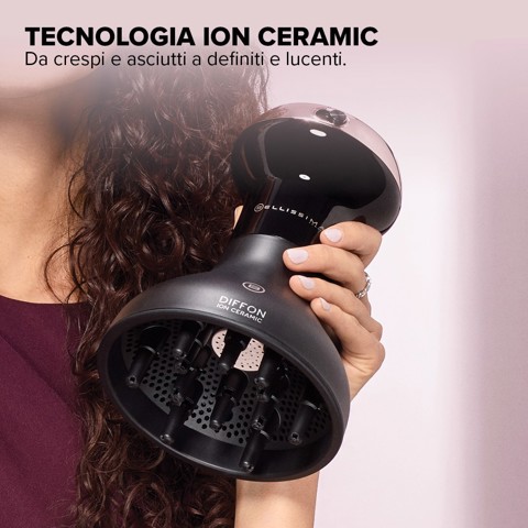 Bellissima Imetec Diffon Ion Ceramic, Diffusore ad Aria Calda per Capelli Ricci, Tecnologia Ion Ceramic, Doppio voltaggio, 700 W, 2 Combinazioni Aria/Temperatura, Asciugatura Delicata Senza Effetto Crespo, Impugnatura Ergnomica