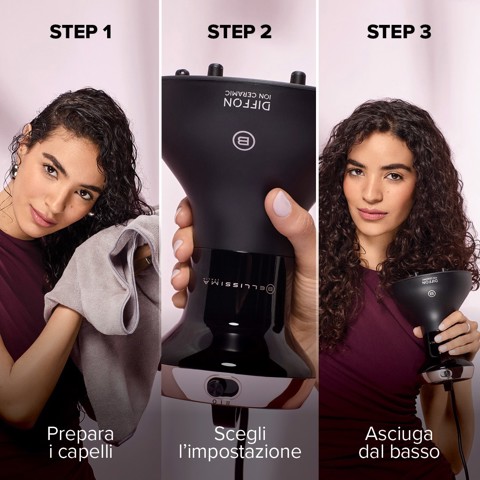 Bellissima Imetec Diffon Ion Ceramic, Diffusore ad Aria Calda per Capelli Ricci, Tecnologia Ion Ceramic, Doppio voltaggio, 700 W, 2 Combinazioni Aria/Temperatura, Asciugatura Delicata Senza Effetto Crespo, Impugnatura Ergnomica