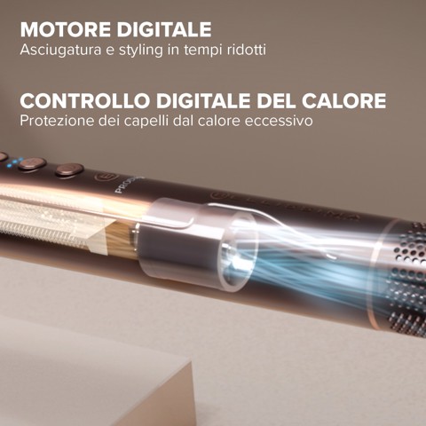 Bellissima Prodigy, modellatore ad aria calda, styler, tecnologia Ion-Ceramic, tecnologia Coanda, motore digitale, controllo del calore, filtro autopulente, 3 temperature, 1200 W, 6 accessori