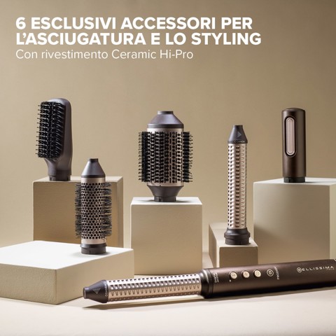 Bellissima Prodigy, modellatore ad aria calda, styler, tecnologia Ion-Ceramic, tecnologia Coanda, motore digitale, controllo del calore, filtro autopulente, 3 temperature, 1200 W, 6 accessori