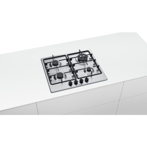 Bosch Serie 4 PGH6B5B60 piano cottura Nero, Acciaio inossidabile Da incasso Gas 4 Fornello(i)