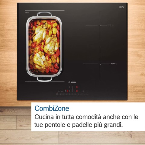 Bosch Serie 6 PVS845FB5E piano cottura Nero, Acciaio inossidabile Da incasso 80 cm Piano cottura a induzione 4 Fornello(i)