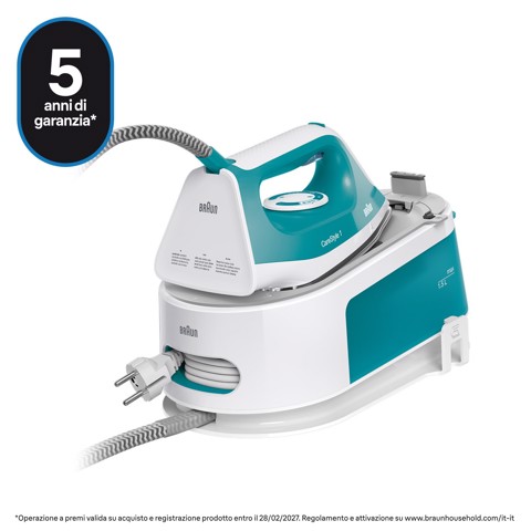 Braun CareStyle 1 - Ferro da stiro con caldaia, Piastra con tecnologia FreeGlide3D, 2400W, 1.5L, Bianco/Turchese (IS1013GR)