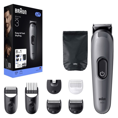 Braun Rifinitore All-In-One Series 3, 8In1, Lama Affilata, 14 Lunghezze, AIO3540, Grigio