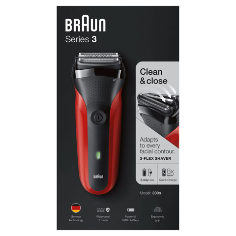 Braun Series 3 300 s Rasoio Elettrico Ricaricabile, Rasoio Da Barba Per Uomo, Rosso
