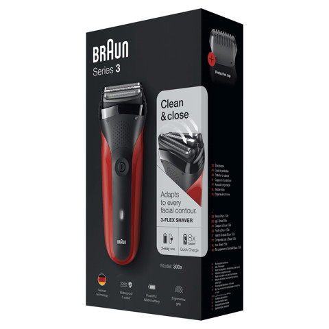 Braun Series 3 300 s Rasoio Elettrico Ricaricabile, Rasoio Da Barba Per Uomo, Rosso