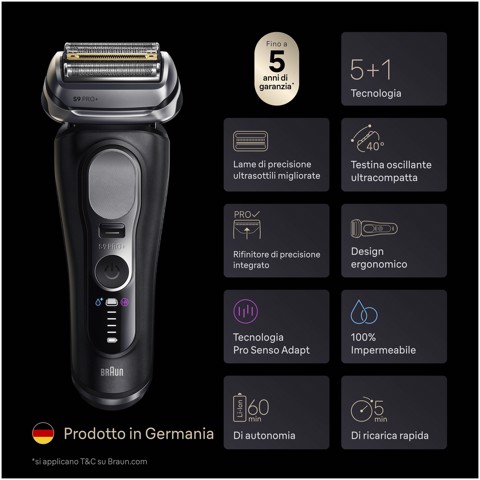 Braun Series 9 PRO+ Rasoio Elettrico, Pro SensoAdapt, 60 min, 9600S, Nero