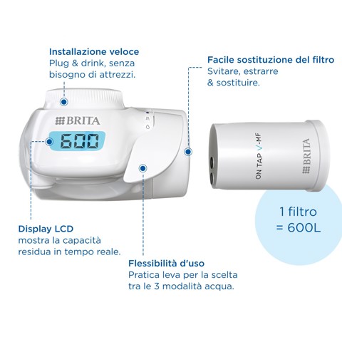 Brita Filtro acqua rubinetto ON TAP V-MF (600L) - Riduce cloro, PFAS, 99,99% di batteri, microparticelle e metalli - per acqua buona e sicura da bere