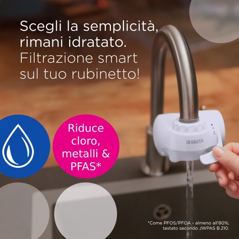 Brita ON TAP V incl. 1 x filtro acqua rubinetto V (4 mesi) - riduce cloro, PFAS, piccole particelle e metalli - indicatore durata filtro manuale