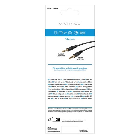 Cavo audio stereo con Jack 3,5 mm maschio - maschio, colore nero, lungo 1,5 m