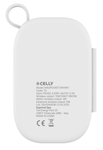 Celly MAGPOCKET3IN1WH Caricabatterie per dispositivi mobili Cuffie, Smartphone, Orologio intelligente Bianco USB Carica wireless Ricarica rapida Interno