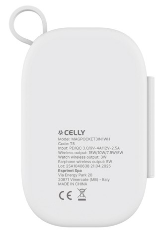 Celly MAGPOCKET3IN1WH Caricabatterie per dispositivi mobili Cuffie, Smartphone, Orologio intelligente Bianco USB Carica wireless Ricarica rapida Interno