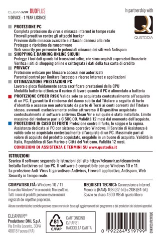 CleanVir Duoplus Duo Security Antivirus & Doppia Polizza Per PC Windows