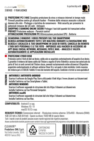 CleanVir Total Security Antivirus & Polizza Cyber Risk Per Windows, Android & Macos