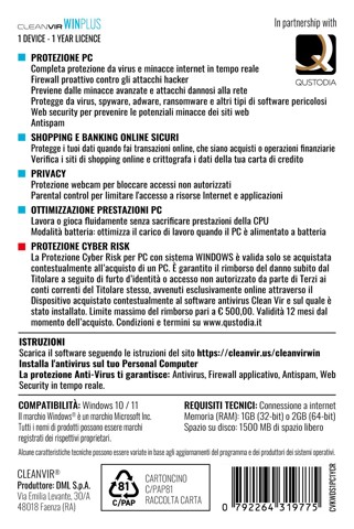 CleanVir Winplus Internet Security - Antivirus & Polizza Cyber Risk Per PC Windows