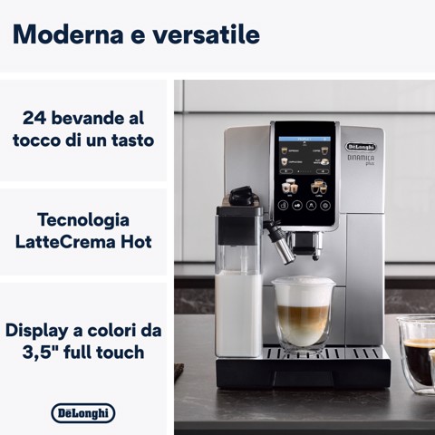 De’Longhi Dinamica Plus - Macchina Automatica per Caffè in Chicchi, 24 bevande one-touch, Argento/Nero (ECAM380.85.SB)