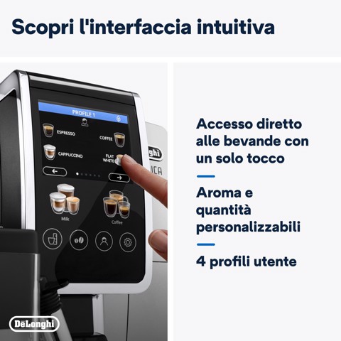 De’Longhi Dinamica Plus - Macchina Automatica per Caffè in Chicchi, 24 bevande one-touch, Argento/Nero (ECAM380.85.SB)