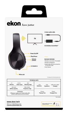 Ekon ECAHEADTVBTK cuffia e auricolare Cuffie Con cavo e senza cavo A Padiglione Musica/Giornaliera Micro-USB Nero