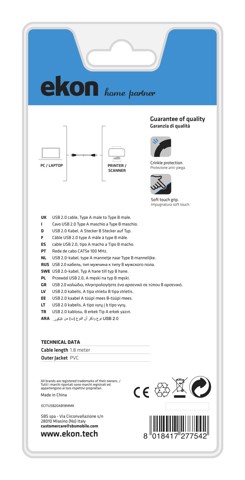 Ekon ECITUSB20AB18MMK cavo USB USB 2.0 1,8 m USB A USB B Nero