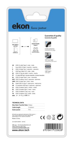 Ekon ECITUSBTC30MMK cavo USB USB 2.0 3 m USB C Nero
