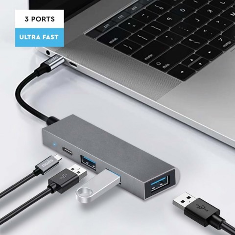 Ekon HUB con 3 porte USB-A, 1 porta USB-C e cavo di alimentazione USB-C