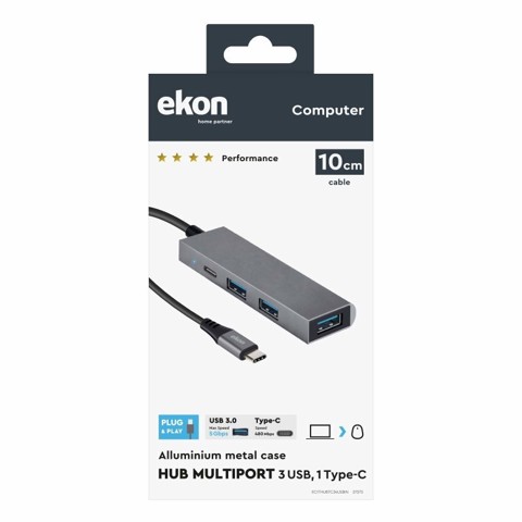 Ekon HUB con 3 porte USB-A, 1 porta USB-C e cavo di alimentazione USB-C