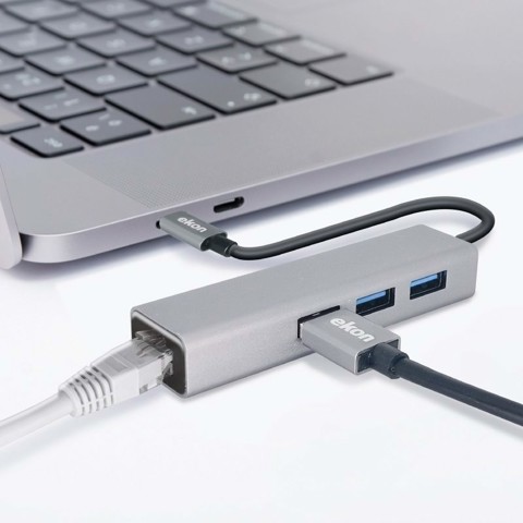 Ekon Hub in alluminio con 3 porte USB 3.0, cavo USB-C e porta Ethernet RJ45