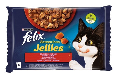 Felix 12480383 Sensations Jellies per gatto Adulto con Manzo e Pomodoro, Polloe Carote 4x85 g