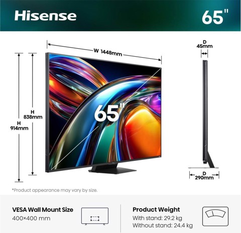 Hisense 65UR9S 165,1 cm (65") 4K Ultra HD Smart TV Wi-Fi Grigio 3500 cd/m²