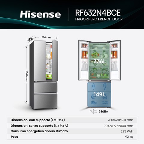 Hisense frigorifero French Door RF632N4BCE libera installazione 485L Classe E Grande capacità