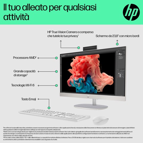HP 24-cr0011nl PC AMD Ryzen™ 5 7520U 60,5 cm (23.8") 1920 x 1080 Pixel PC All-in-one 8 GB LPDDR5-SDRAM 512 GB SSD Windows 11 Home Wi-Fi 6 (802.11ax) Bianco