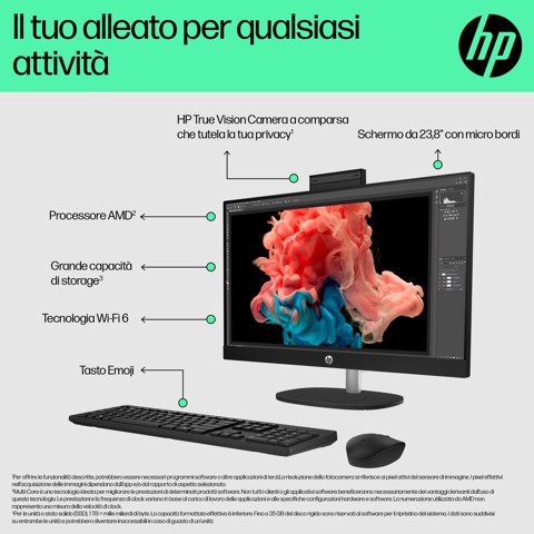 HP 24-cr0011nl PC AMD Ryzen™ 5 7520U 60,5 cm (23.8") 1920 x 1080 Pixel PC All-in-one 8 GB LPDDR5-SDRAM 512 GB SSD Windows 11 Home Wi-Fi 6 (802.11ax) Bianco