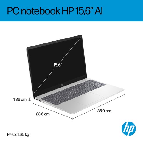 HP AI 15-fd2026nlx Intel Core Ultra 5 225U Computer portatile 39,6 cm (15.6") Full HD 8 GB DDR5-SDRAM 512 GB SSD Wi-Fi 6 (802.11ax) Windows 11 Home AI PC Argento