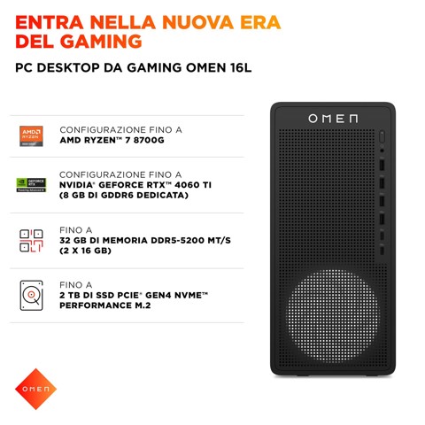 HP OMEN 16L Gaming Desktop PC TG03-0056nl PC AMD Ryzen™ 7 8700F 16 GB DDR5-SDRAM 512 GB SSD Windows 11 Home Tower AI PC Nero