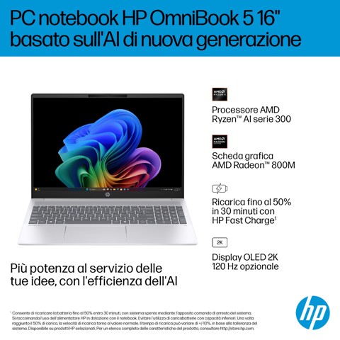 HP OmniBook 5 Laptop Next Gen AI 16-ag1034nlx Copilot+ PC AMD Ryzen AI 5 330 Computer portatile 40,6 cm (16") 2K 16 GB LPDDR5x-SDRAM 512 GB SSD Wi-Fi 6 (802.11ax) Windows 11 Home Argento