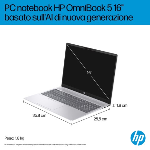 HP OmniBook 5 Laptop Next Gen AI 16-ag1034nlx Copilot+ PC AMD Ryzen AI 5 330 Computer portatile 40,6 cm (16") 2K 16 GB LPDDR5x-SDRAM 512 GB SSD Wi-Fi 6 (802.11ax) Windows 11 Home Argento