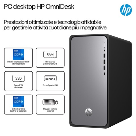 HP OmniDesk M02-0027nl PC Intel® Core™ i5 i5-13400 16 GB DDR5-SDRAM 512 GB SSD Windows 11 Home Tower Nero, Argento