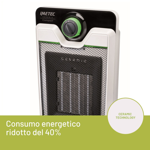 Imetec Ceramic Compact – Termoventilatore ceramico Tecnologia ceramica | Stufetta silenziosa | 3 livelli di temperatura | Termostato ambiente