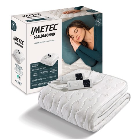 Imetec Scaldasonno Adapto Plus 100% Cotone, Matrimoniale 160x150 cm, Caldo Subito, Tecnologia Brevettata Adapto Plus, Sistema Sicurezza ElectroBlock, Bassi consumi, 6 Temperature, Autospegnimento 1, 3, 9 ore, Made in Italy