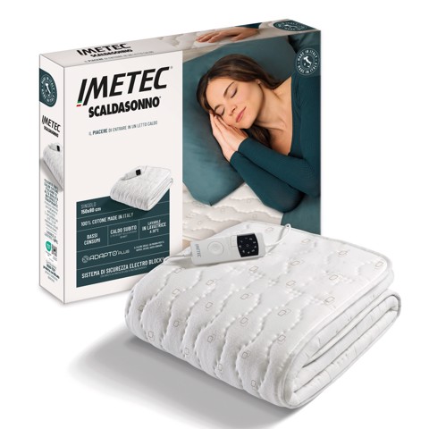 Imetec Scaldasonno Adapto Plus 100% Cotone, Singolo 80x150 cm, Caldo Subito, Tecnologia Brevettata Adapto Plus, Sistema Sicurezza ElectroBlock, Bassi consumi, 6 Temperature, Autospegnimento 1, 3, 9 ore, Made in Italy
