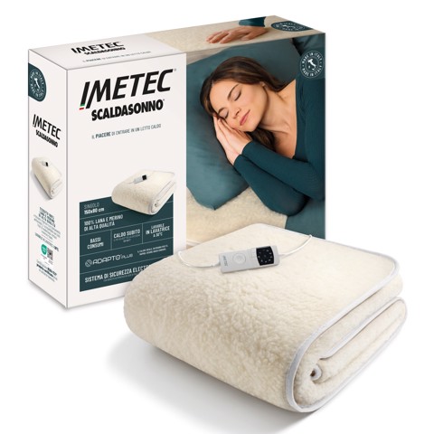 Imetec Scaldasonno Adapto Plus 100% Lana e Merino, Singolo 80x150 cm, Caldo Subito, Tecnologia Brevettata Adapto Plus, Sistema Sicurezza ElectroBlock, Bassi consumi, 6 Temperature, Autospegnimento 1, 3, 9 ore, Made in Italy
