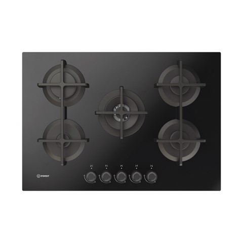 Indesit ING 72T/BK 1 piano gas vetro nero 75cm 5 fuochi bruciatore doppia corona griglie in ghisa lavabili in lavastoviglie Made in Italy