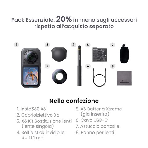Insta360 X6 Standard Bundle fotocamera per sport d'azione 120 MP 8K Ultra HD 25,4 / 1,1 mm (1 / 1.1") Wi-Fi 195 g