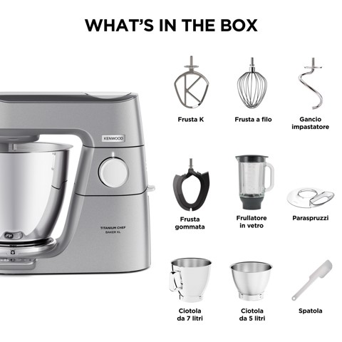 Kenwood Titanium Chef Baker XL - Impastatrice planetaria, 4 ganci e fruste inox, 1200W, 7L, Silver (KVL85.124SI )