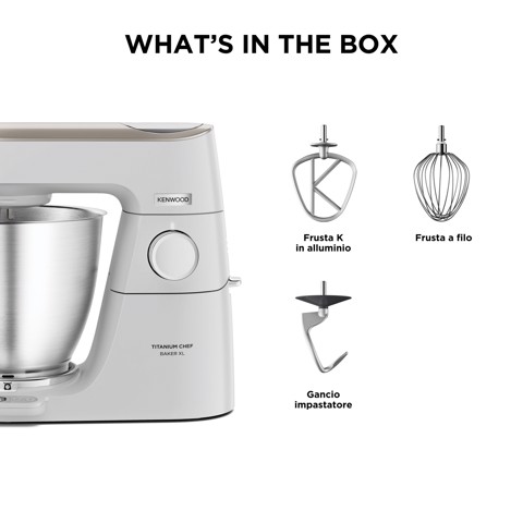 Kenwood Titanium Chef Baker XL Lite - Impastatrice planetaria, 3 ganci e fruste,1200W, 7L, Bianco (KVL65.001WH)