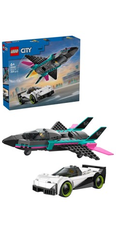 LEGO City 60489 Jet Contro Auto Sportiva Giocattolo, Aereo, Macchina e 2 Minifigure di Piloti