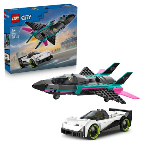 LEGO City 60489 Jet Contro Auto Sportiva Giocattolo, Aereo, Macchina e 2 Minifigure di Piloti