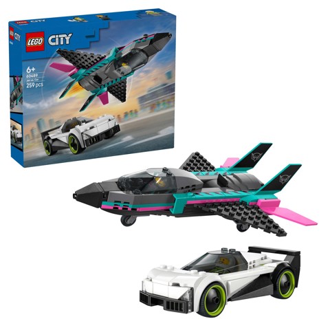LEGO City 60489 Jet Contro Auto Sportiva Giocattolo, Aereo, Macchina e 2 Minifigure di Piloti