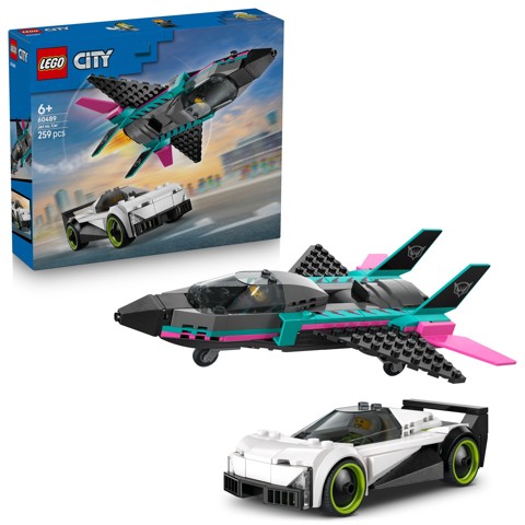 LEGO City 60489 Jet Contro Auto Sportiva Giocattolo, Aereo, Macchina e 2 Minifigure di Piloti
